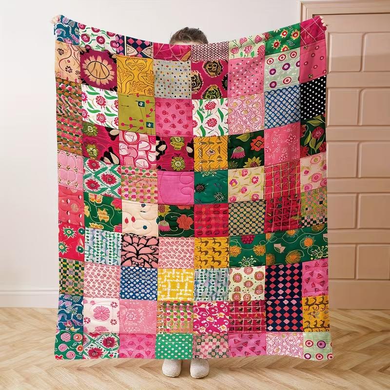 Bohemian Patchwork Geometric and Floral Flannel Blanket All-Season Soft Warm for Sofa Bed Camping Travel Stitch Home Decor Gift,