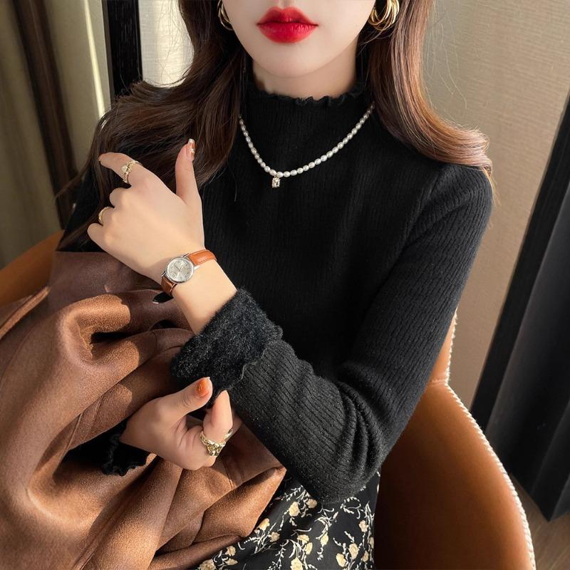 Semi-turtleneck bottoming shirt women's autumn and winter fleece thickened integrated fleece sweater lace fungus edge with knitted sweater top