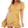 Summer V-neck Printed Short-sleeved Skirt, Lace-up Ruffled Dress, Fashionable, Sexy, Elegant and Generous Ladies Long Skirt