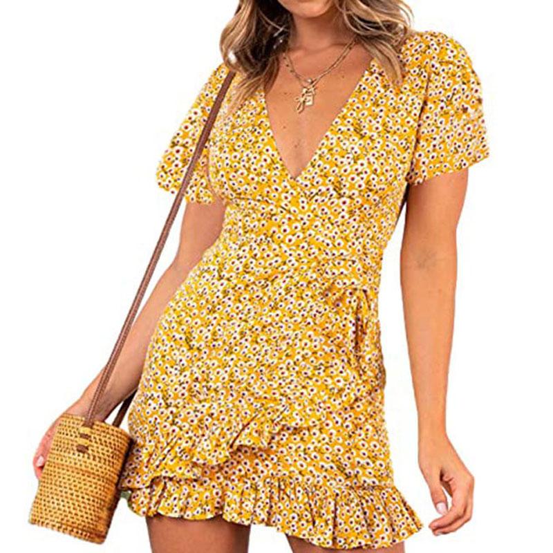 Summer V-neck Printed Short-sleeved Skirt, Lace-up Ruffled Dress, Fashionable, Sexy, Elegant and Generous Ladies Long Skirt