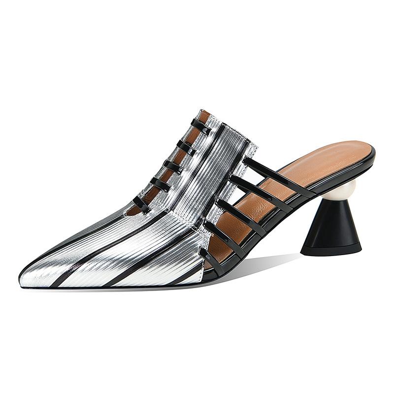 Fashion Women's New Spring/Summer Pointed Leather Printed Cowhide Comfortable and Sexy High Heel Baotou Muller Slippers