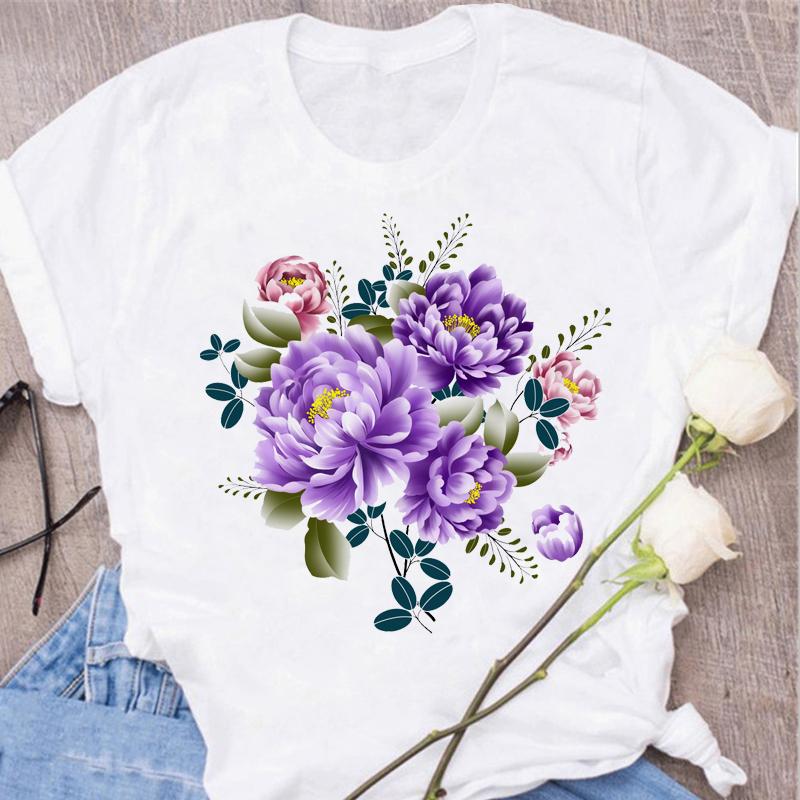 Women's Tops Fashion Flower Floral Print Lady T-shirt Casual Short Sleeve Aesthetic Clothes Shirt T-shirts Female Tops Tees