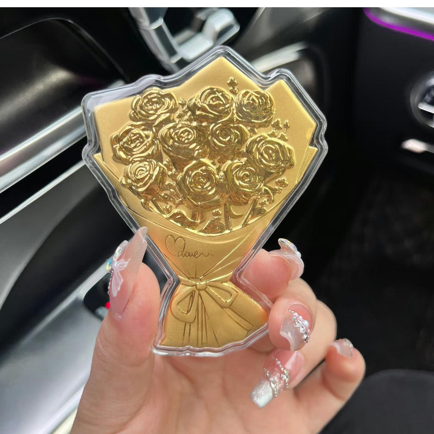 Solid Gold 999 Qixi Festival Rose Bouquet Pendant Charm Keychain Gift for Girlfriend Gold Foil Imitation