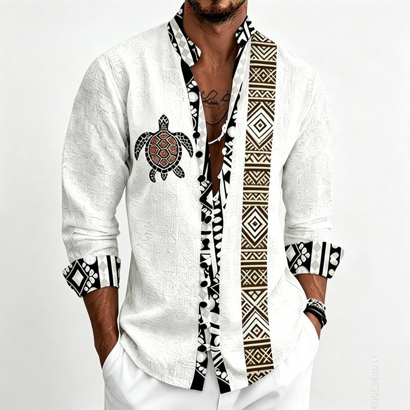 Men's Standing Collar Long Sleeved Shirt with Turtle Ethnic Geometric Pattern Printed Breathable Outdoor Casual Men's Top
