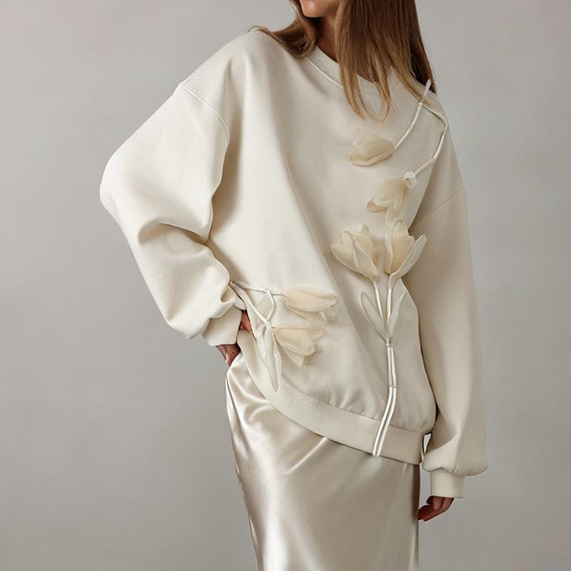 Женский трехмерный цветочный худи-свитшот средней длины, свободного кроя, для осени и зимы S бежевый