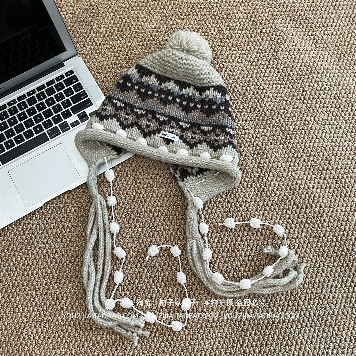 Vintage Fair Island~ New Jacquard fringed ear protector knitted hat for women s retro foreign style small wool hat M（54-58cm）