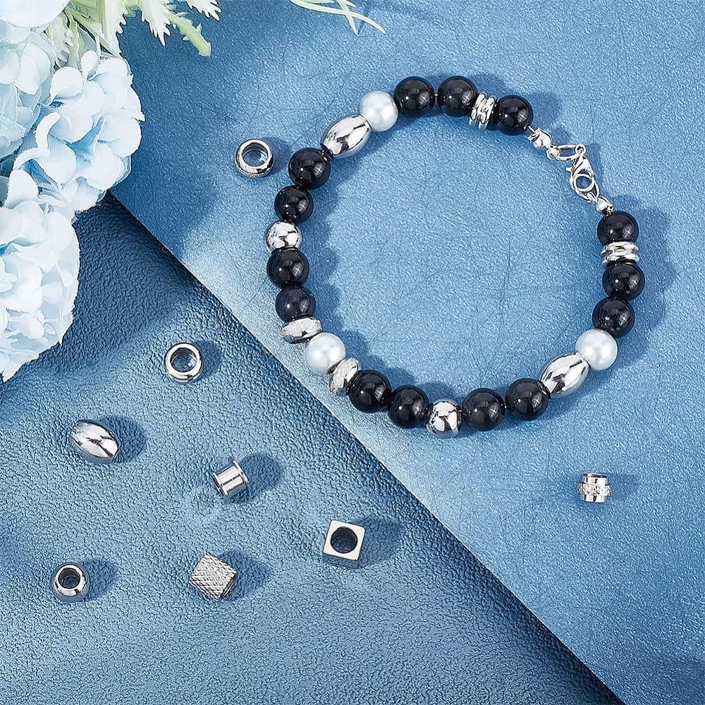 48Pcs 8 Style 304 & 201 & 303 Stainless Steel European Beads Large Hole Beads Rondelle & Rondelle & Cube Stainless Steel Color 7~10x7~10x4~8mm