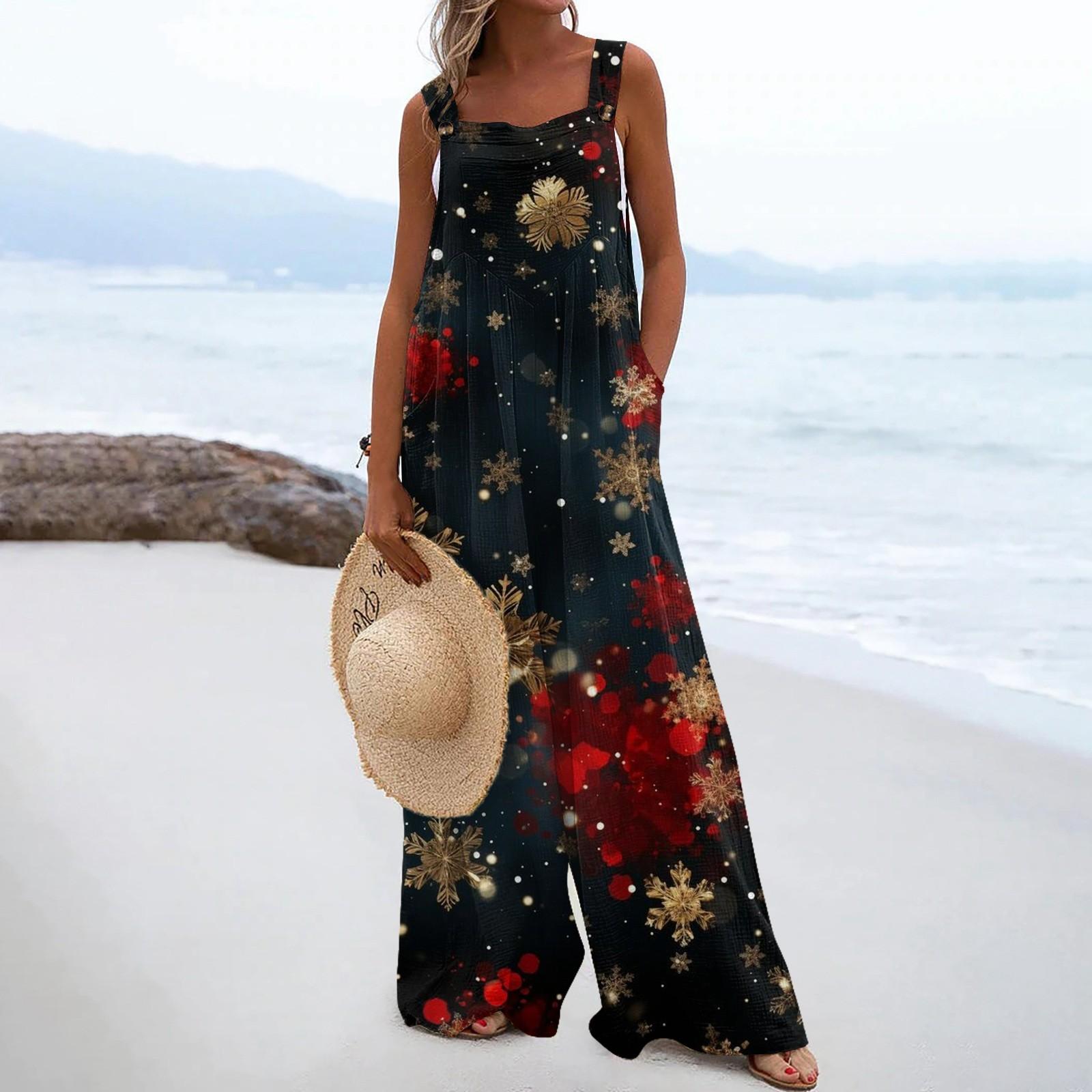 

Широкий комбинезон для женщин, повседневный свободный комбинезон без рукавов с принтом и пуговицами, длинные брюки, комбинезон с карманами XXL тёмно-синий