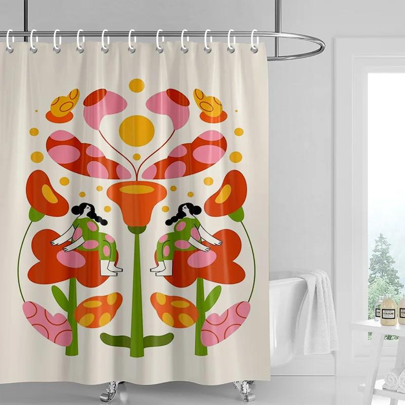Nordic Style Bathroom Soft Fabric Shower Curtain Abstract Tropical Plant Art Pattern Waterproof Bathroom Decorative Curtain