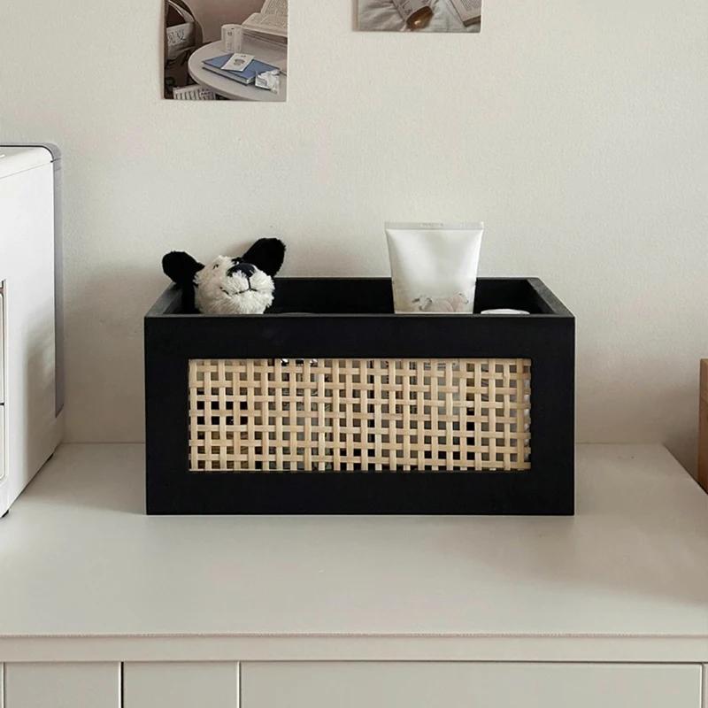 Scatola portaoggetti da scrivania in legno massello da cucina Cesto in rattan retrò Organizzatore per libri, snack, cosmetici Elettrodomestici Accessori per il bagno