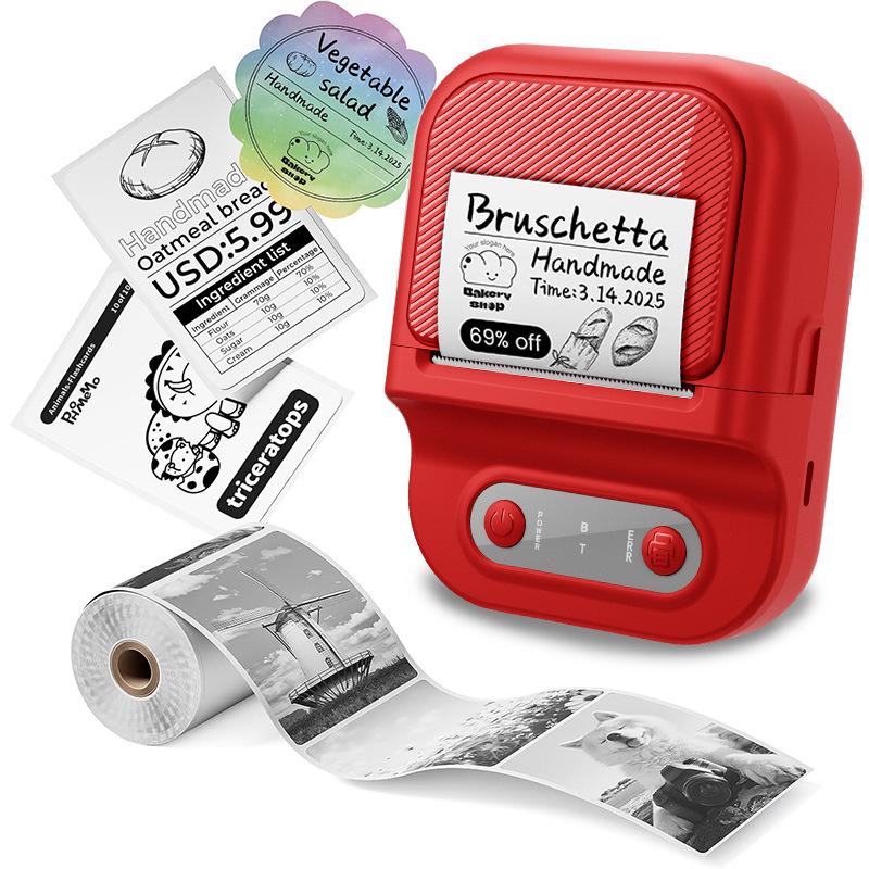 Wireless Portable Thermal Label Printer - Inkless, Black & White, Bluetooth Red P2 Model
