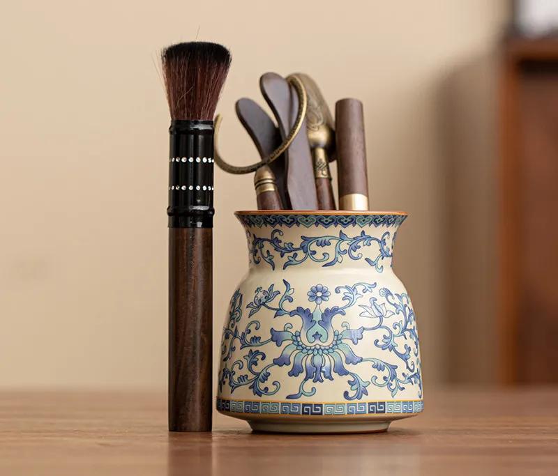 Chinese Blue and Flower Ru Kiln Ceramics Tea Making Tools Solid Wood Tea Ceremony Six Gentlemen Set Tea Clip Teaware Accessories