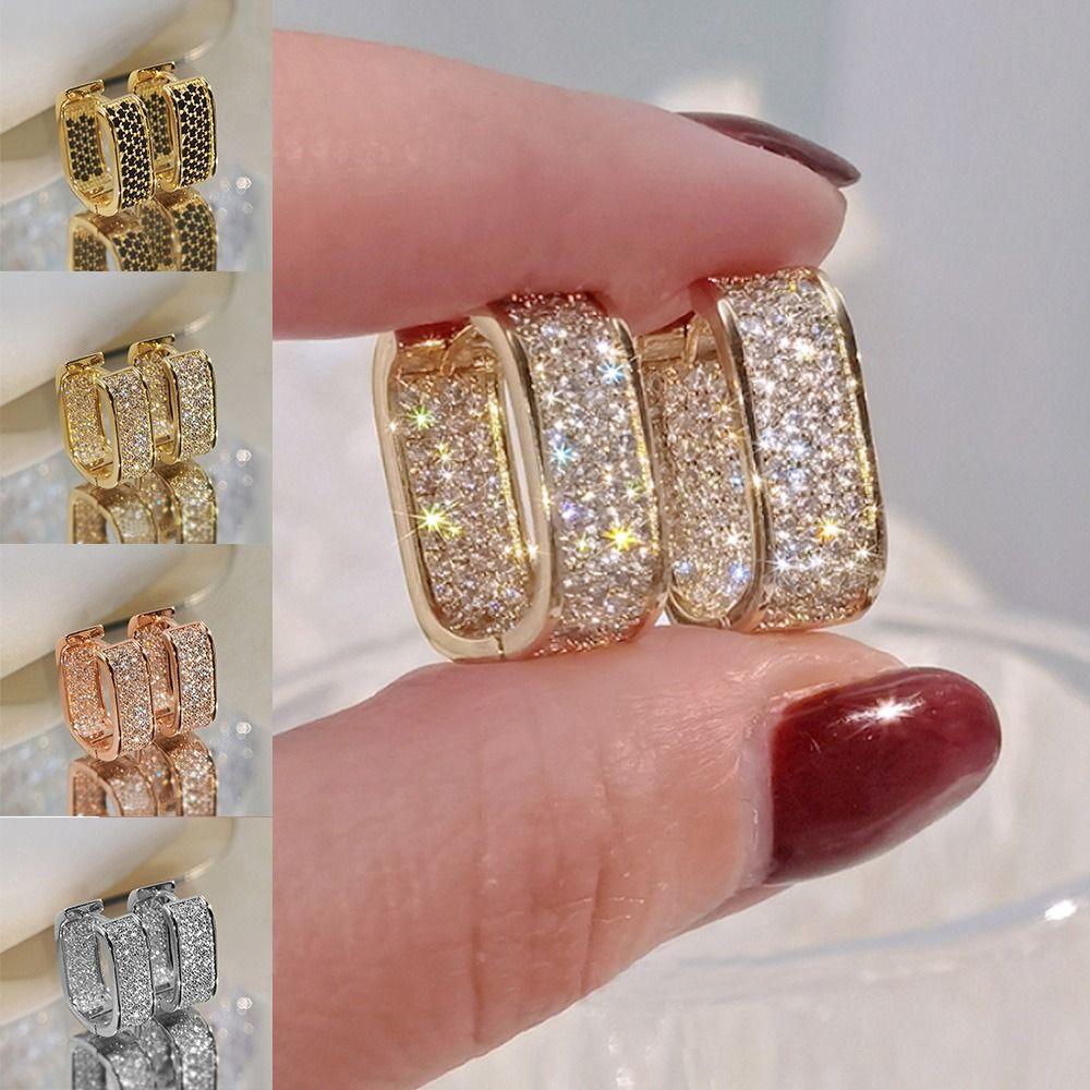 Elegant Geometric Square Earrings Luxury Full-Paved Zinc Alloy Ear Hoops for Women