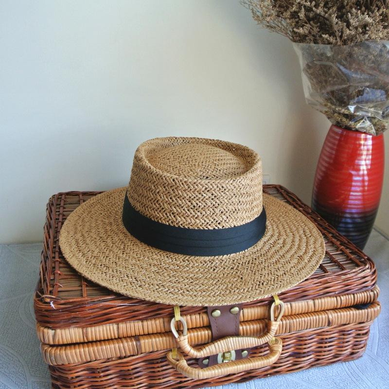 Französischer Retro Sommer Herren- und Damen Handgewebter Panama Flachgipfel Zylinder Beschattung Urlaub Strand Sonne Strohhut
