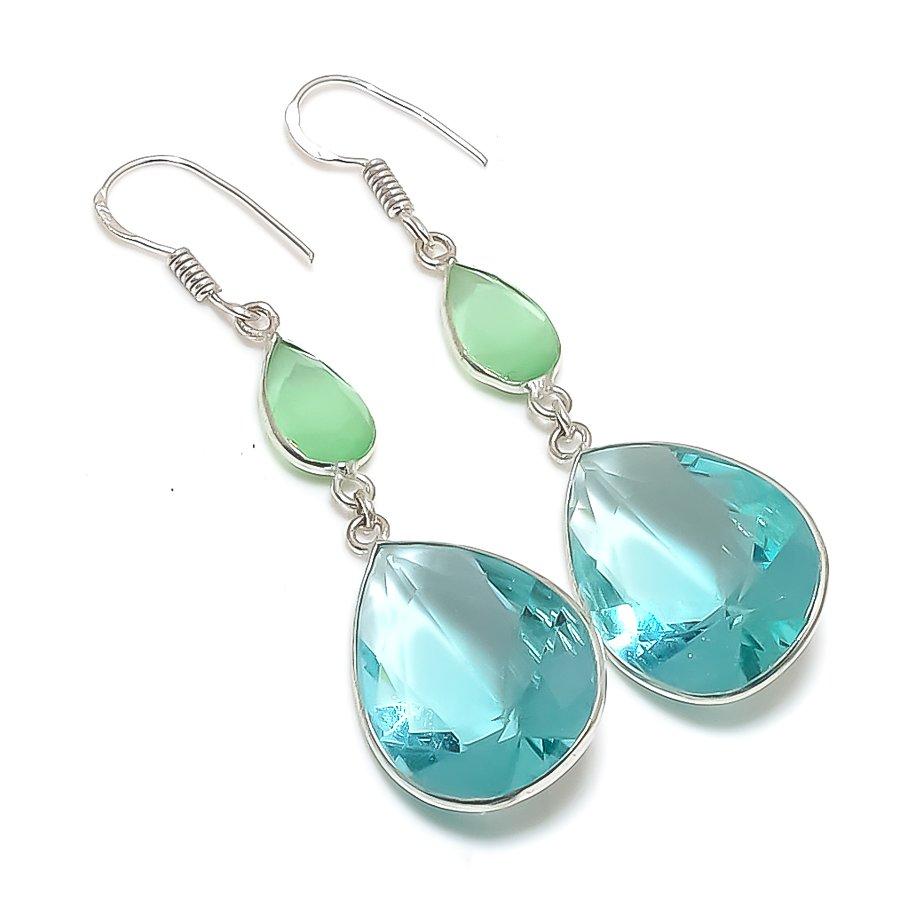 Natural Blue Topaz, Chalcedony 925 Sterling Silver Jewelry Earring 2.56" L6d18