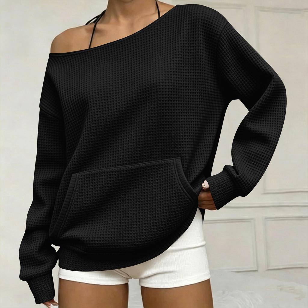 Felpa da Donna a Spalle Scoperte in Maglia a Manica Lunga con Tasche - Vestibilità Larga Colore Casual