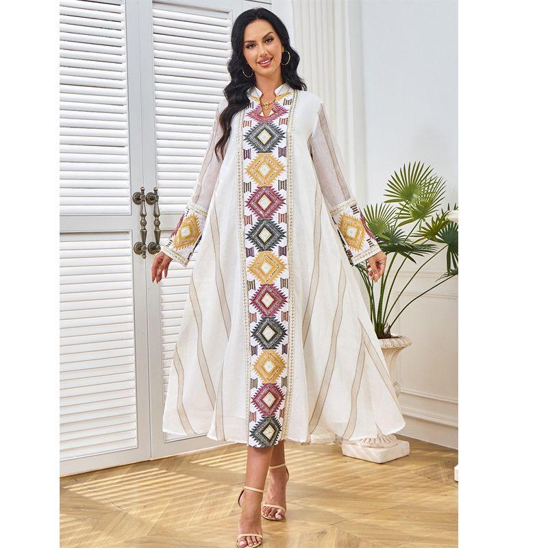 

Индонезия Ближний Восток Халат Женский Летний Новый С Пайетками Вышитый Для Путешествий Вечеринки Торжественное Платье С Длинным Рукавом Комбинезон Длинное платье Платья White Brown 2XL
