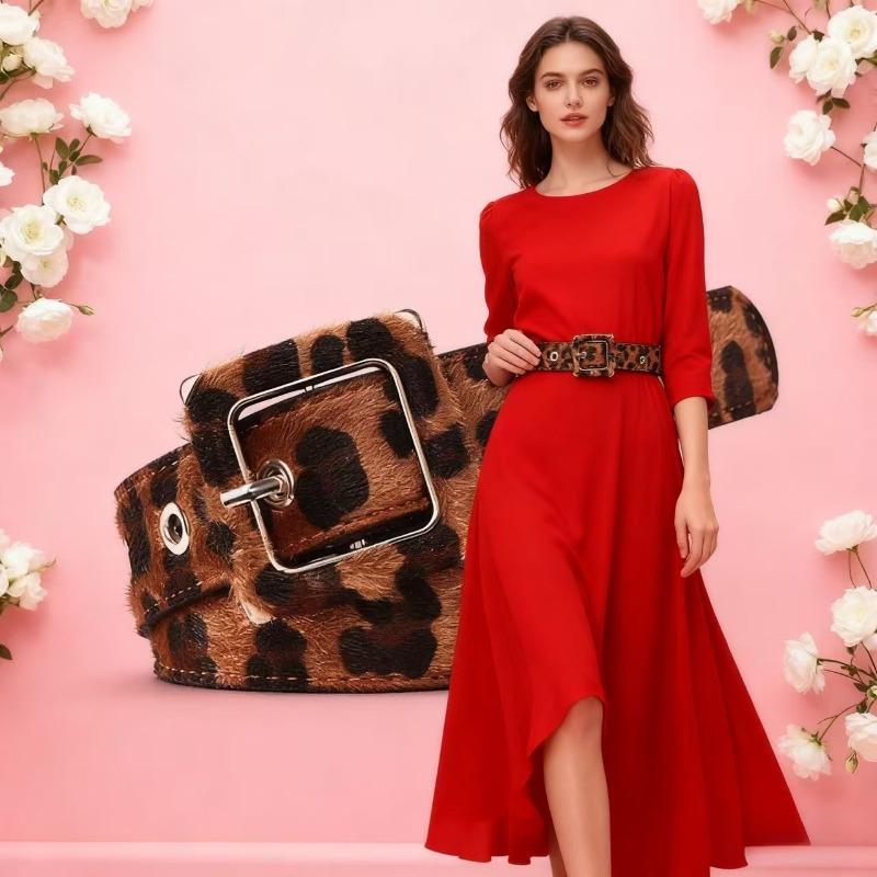 Boho Faux Leopard Print PU Belt - Adjustable Slim Waist Definition for Dresses & Bohemian Outfits, Vegan Leather Strap