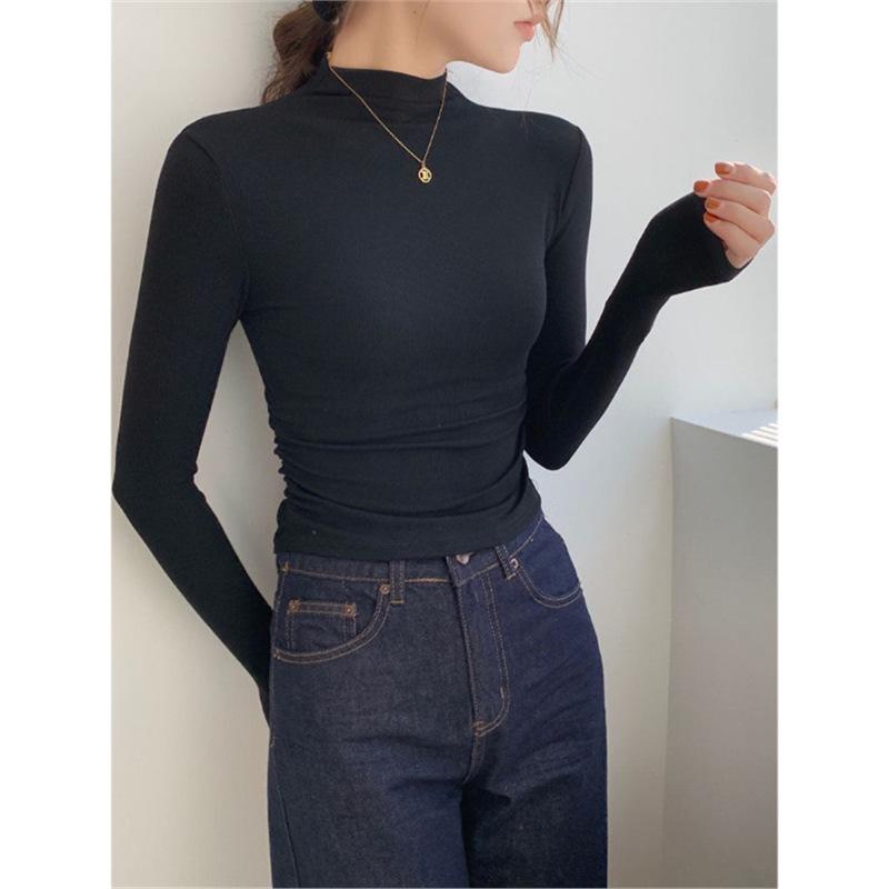 

Женская серая футболка с длинным рукавом, облегающего кроя, с полувысоким воротником - осенний топ для многослойности XL