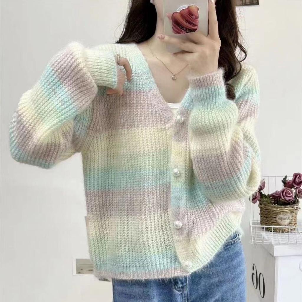 Autumn and Winter New Sweet Gentle Wind Knitted Sweater V-neck Cardigan Lazy Pole Gradual Change Rainbow Sweater Sweater Outside