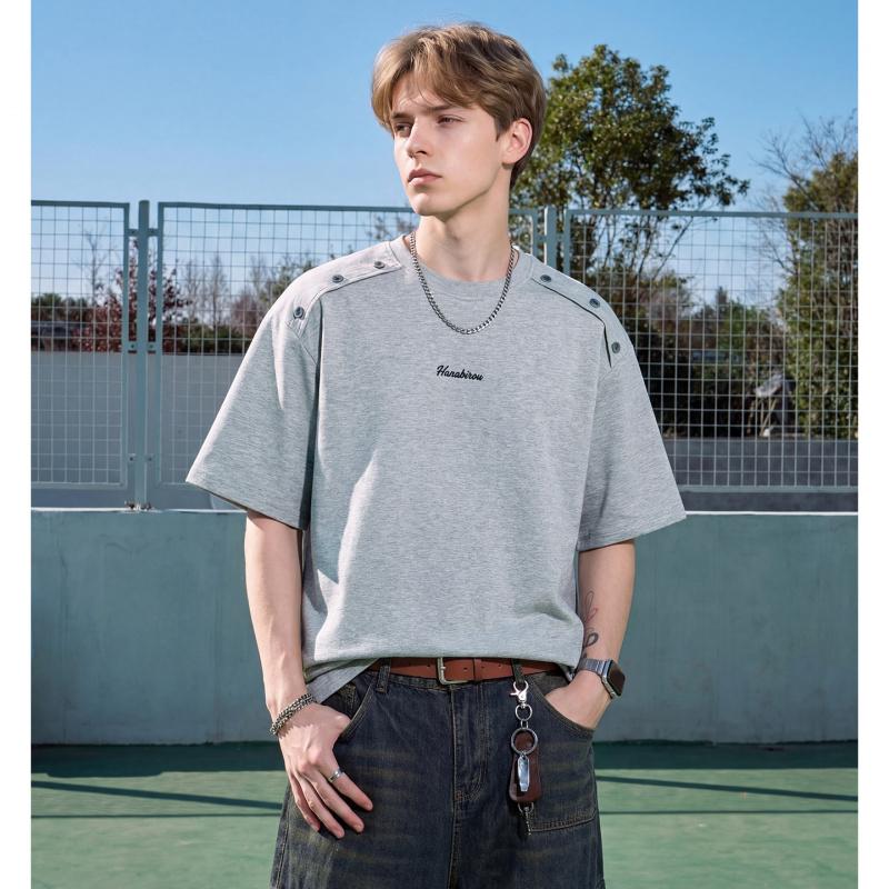 New casual short-sleeve men's summer T-shirt with detachable shoulder buttons, simple embroidery, and loose fit