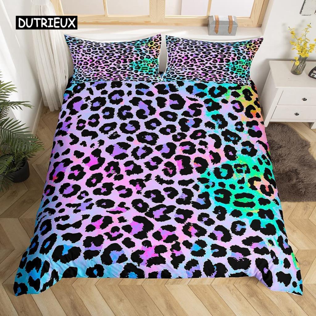 Leopard Print Duvet Cover Set Queen Size Red Floral Petal Pattern Comforter Cover Branches Green Leaf Cheetah Print Quilt Cover