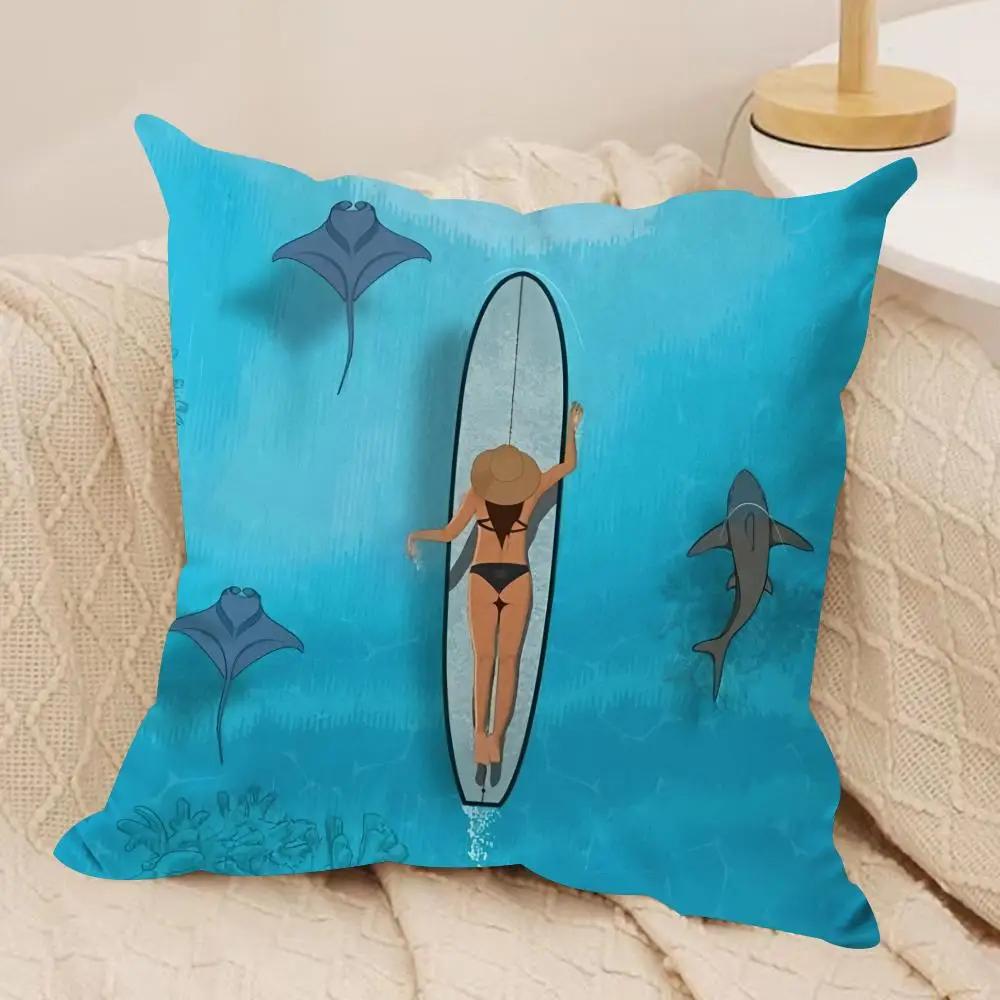 Marine Animals Summer Ins Cushion Cover Silky Short Plush Invisible Zipper Dustproof Sofa Pillow Case For Home Decor