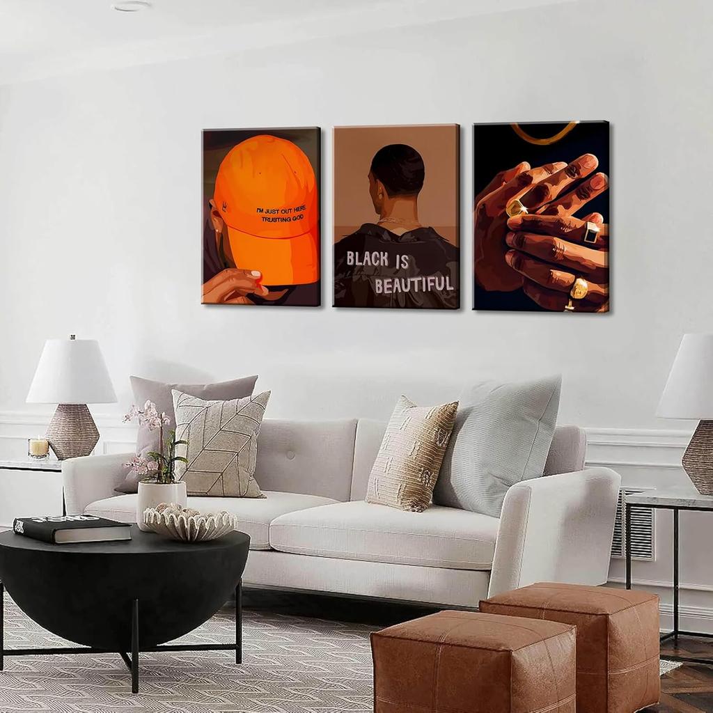 Black Men Canvas Wall Art Set of 3 Fashion African American Black Man Posters Prints Black Art Wall Decor Pictures for Living Room Bedroom