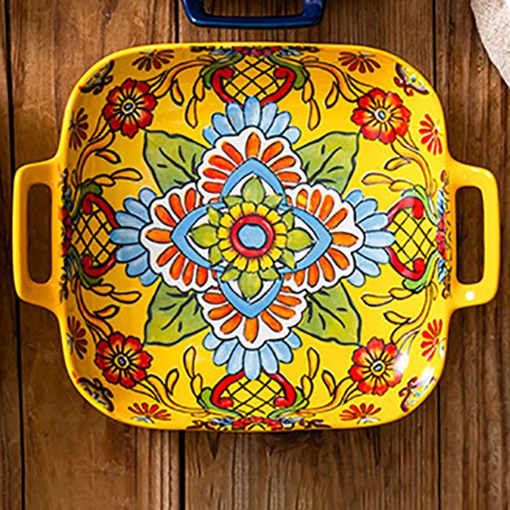 Binaural Handle Bohemian Ceramic Plate Colorful Salad Dish Dinnerware Dinner Plate  Breakfast