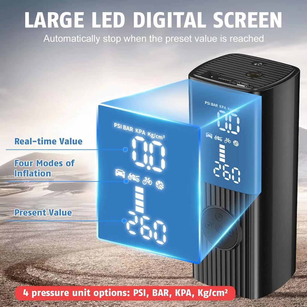 High Power Explosive Battery Car Tire Inflator 60L/min Bicycle Air Injector Portable Digital Compressor Electric Inflator with LED Light