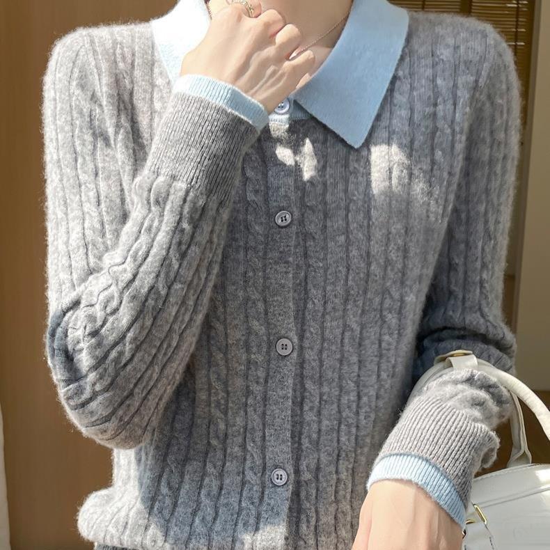 Spring and Autumn Women's Color-Block Cardigan Sweater Collared Loose Soft Knit Cardigan Top