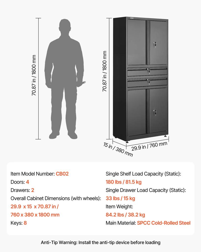 VEVOR Metal Storage Cabinet, 81.5 kg Shelf Load Capacity, 1800 mm Tall Garage Tool Storage Cabinet with 4 Locking Doors and Adjustable Shelves
