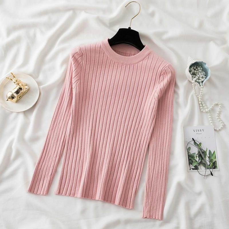 Autumn Neck Fit Round Slim Base Knitted Sweaters Women Winter New Fashion Long Sleeve Pullovers Sweater Woman Elegant Solid Casual Lady Jumpers 25477