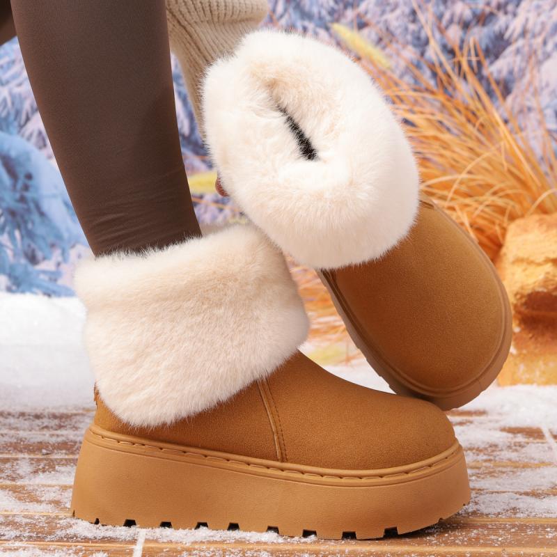 Fashion Fashion Faux Fur Mix Color Snow Boots Women 2025 Autumn Non Slip Thick Bottom Wedge Heel Ankle Boots Warm Short Plush Booties
