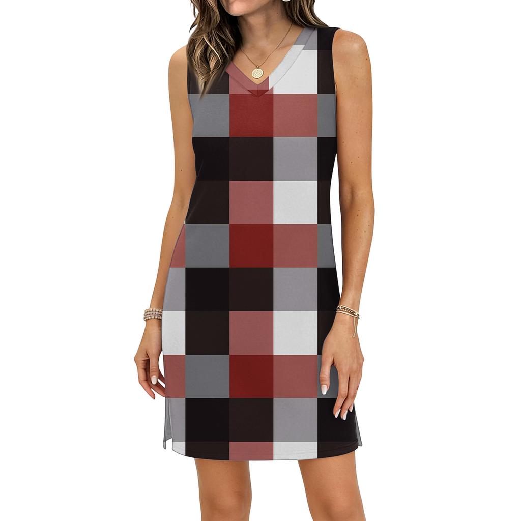 Women's Casual V-neck Sleeveless Split Hem Plaid Print Dress