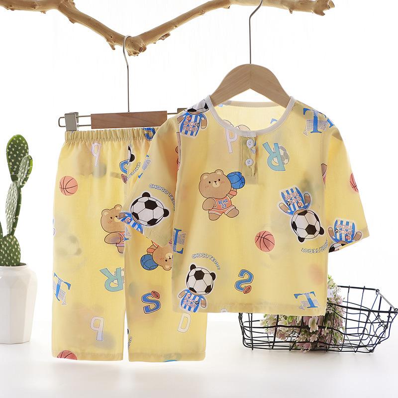 Summer Kids Cotton Silk Pajamas Thin Home Wear Set Boys Girls Cute Pattern Outdoor Wear