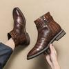 New Brown Ankle Boots for Men Zippper Black Crocodile Pattern  Square Toe Fashion Business Formal Men's Boots Size 38-46