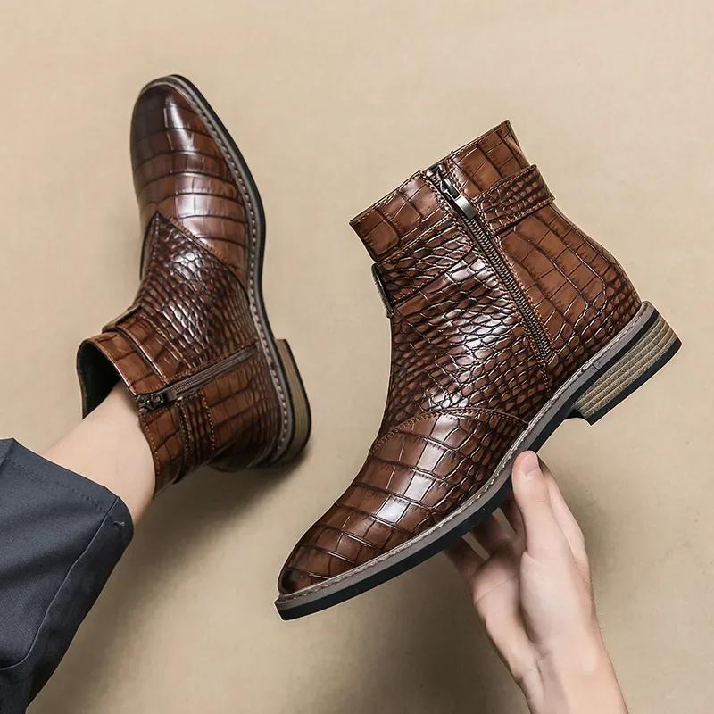 New Brown Ankle Boots for Men Zippper Black Crocodile Pattern  Square Toe Fashion Business Formal Men's Boots Size 38-46