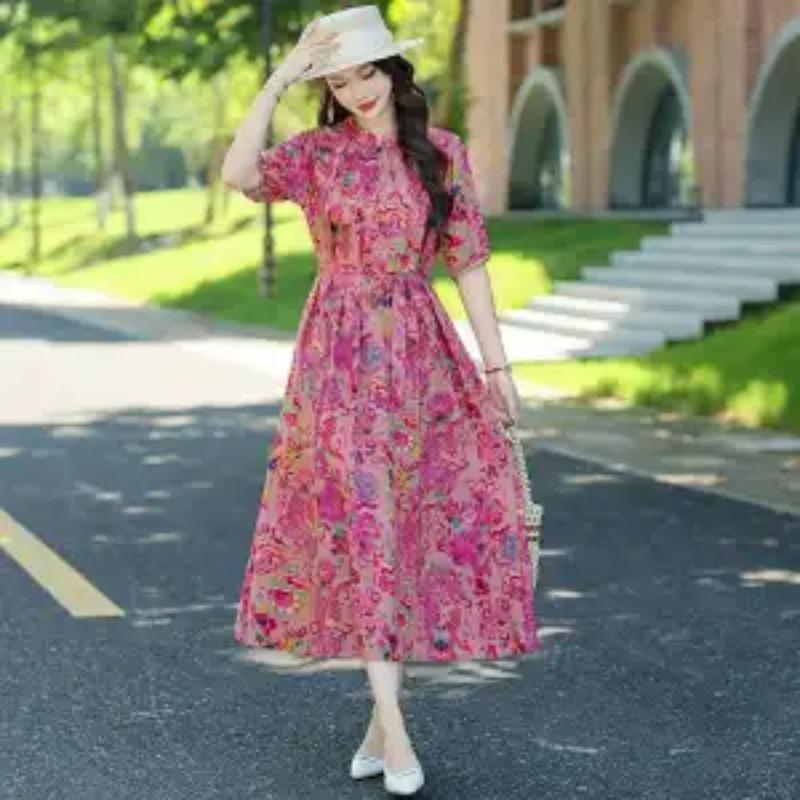 Womens Casual Floral Print Half Sleeve Loose Maxi Dress