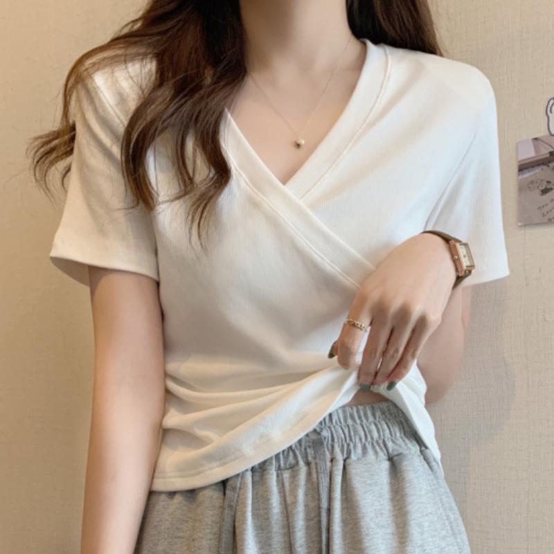 GMXIA Cross V-neck Short-sleeved T-shirt Women Summer Design Sense Slim Thin Short Slim Tops