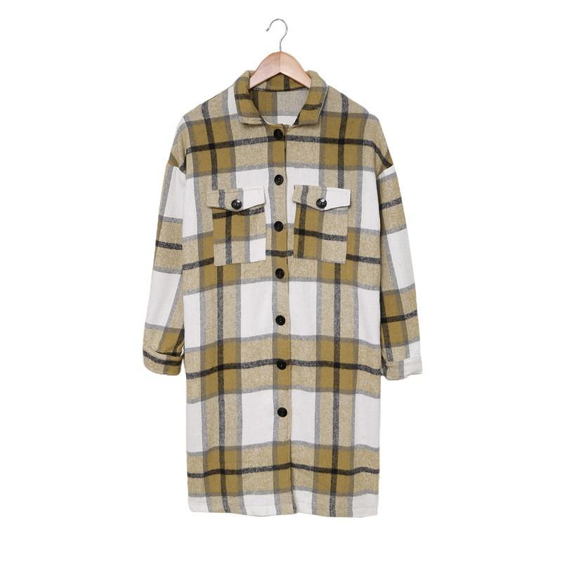 Ladies Casual Loose Long Sleeve Loose Single-breasted Button Plaid Long Coat