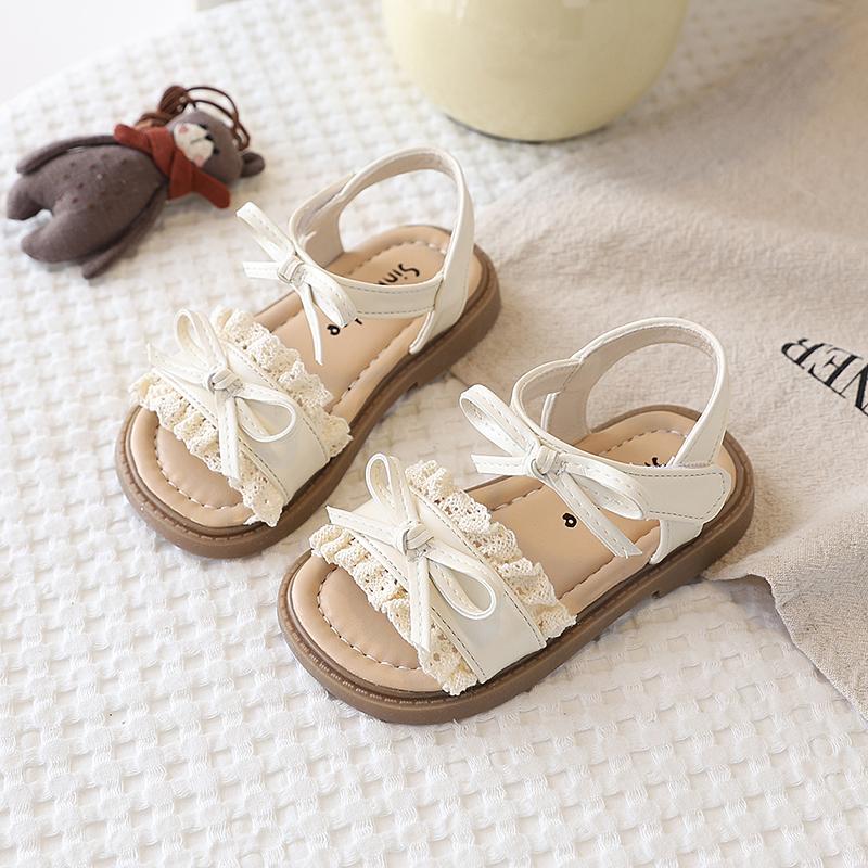 Girls' Sandals Super Pretty Lace-Edged Princess Shoes Soft Soles Fashionable Bow Beach Shoes Comfortable And Breathable