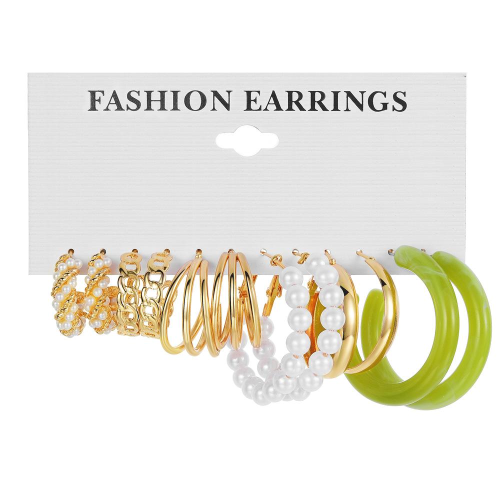 Alloy Ear Ring Square Geometric Shape Earrings Set - 6-piece Vintage Pearl Packaged Earrings Jewelry Set