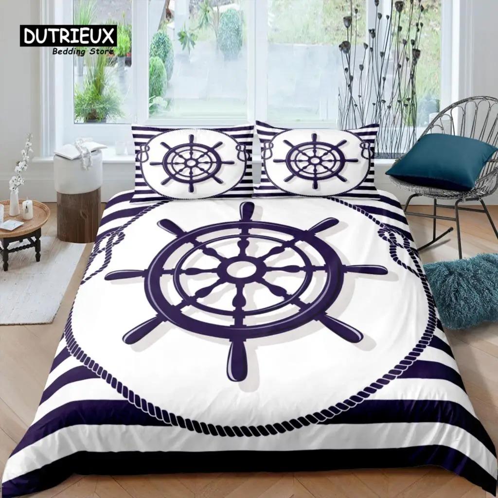 Home Living Luxury 3D Anchor Bedding Set Blue Stripes Duvet Cover Pillowcase Queen and King EUUSAUUK Size Comforter Bedding