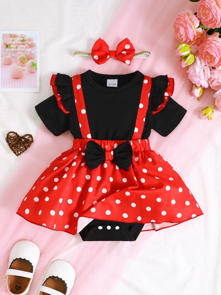 Summer 0-1 Years Old Infant Baby Girls Short-sleeved Dot Print Dress Casual 2-Piece Set With Hairband
