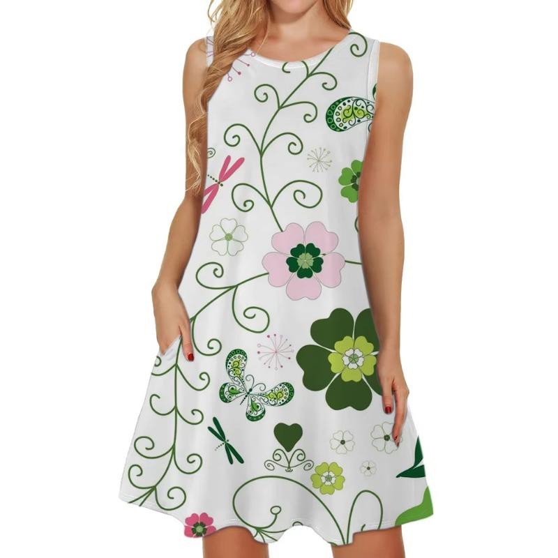 Women'S Elegant Floral Pink Green Leaf Pattern Print Sleeveless A-Line Dress Halloween Costume Oversized Woman Clothing Tops