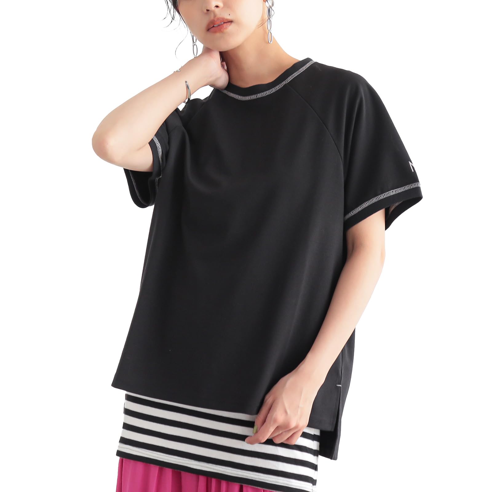 

Логотип Oshare Walker вышитый реглан короткий UV пот пятна прохладный к телу большой свободный 12tn0m0 [n OrLABEL] [Многофункциональный трикотаж] футболка, чёрный