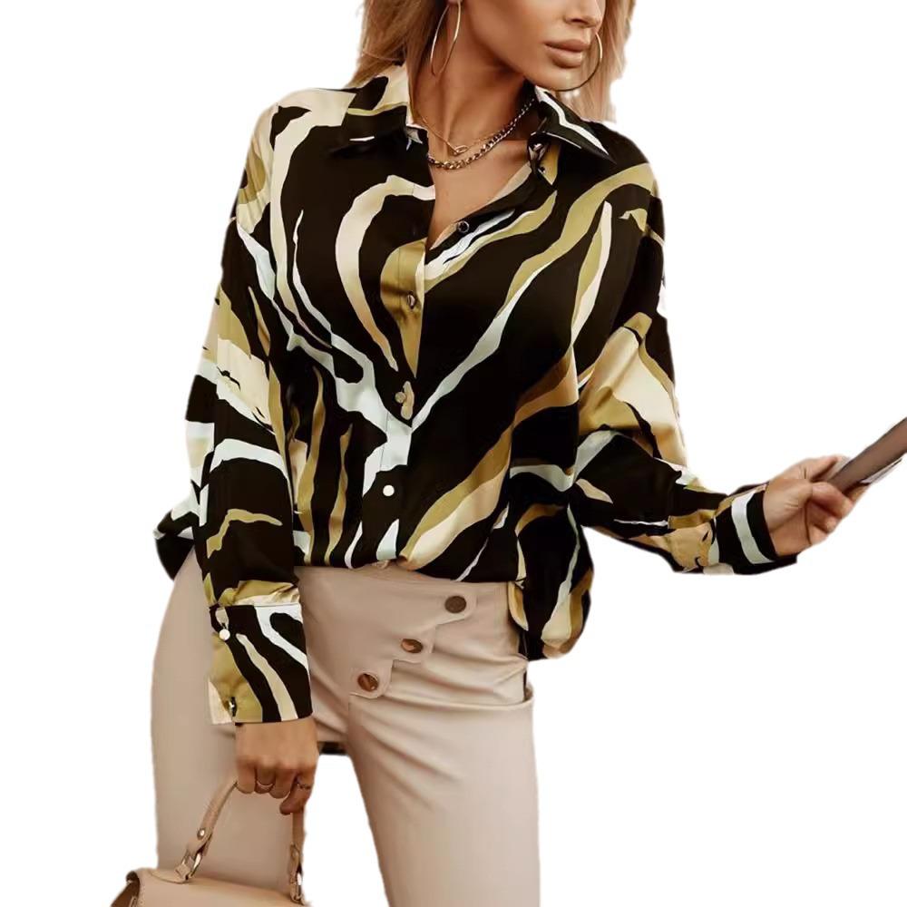 2022 European & American Print Loose Long Sleeve Women's Casual Button Shirt