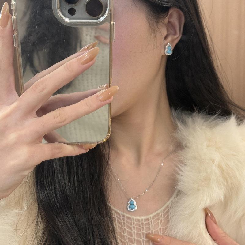 Retro Chinese Full Diamond Turquoise Gourd Necklace, Earrings Show White Niche Design, High-End National Style Jewelry Set