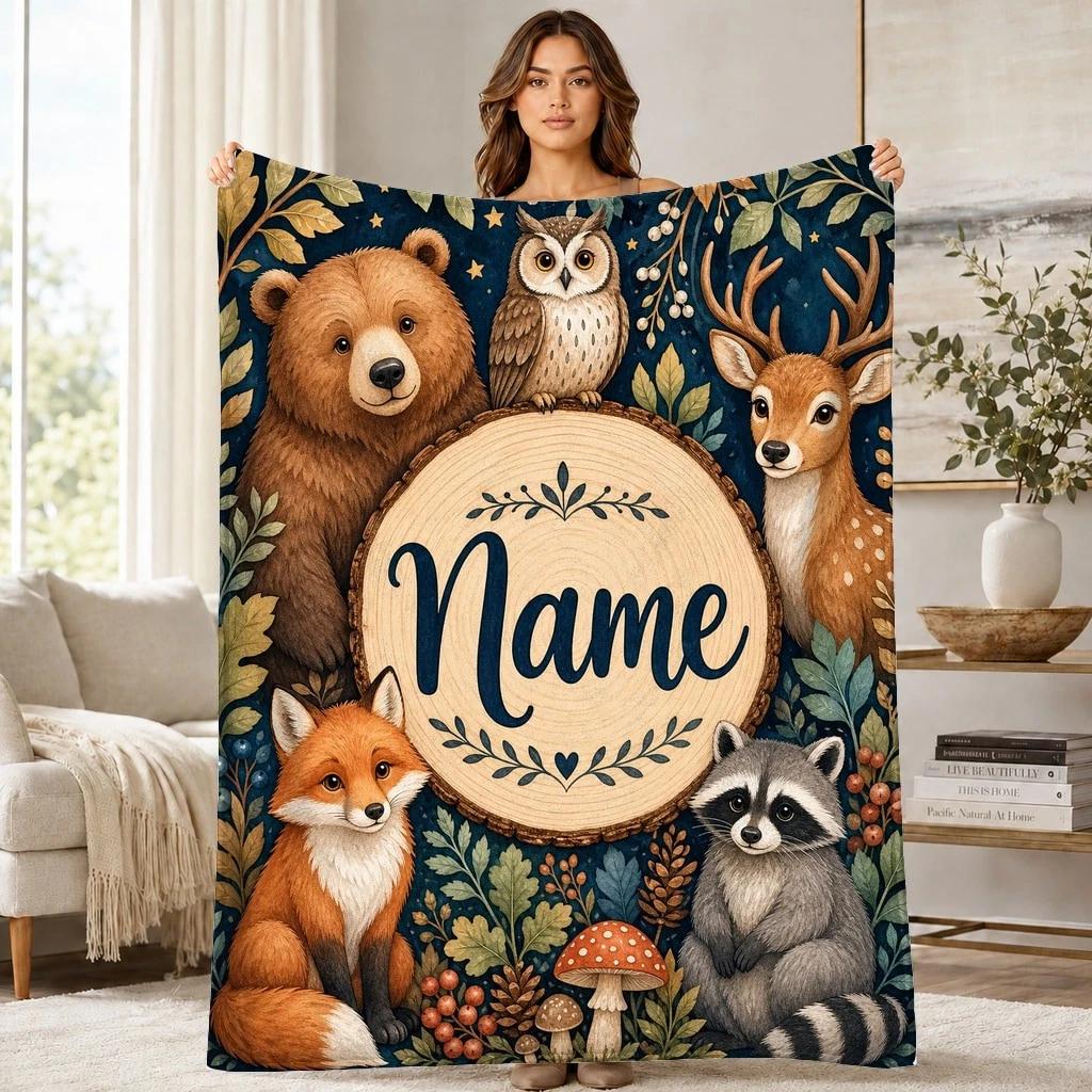 Woodland Animals Name Text Coral Fleece Blanket Forest Decor